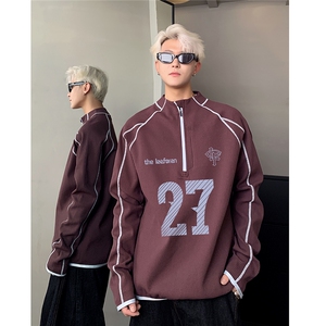 美式复古立领半拉链字母卫衣宽松情侣套头运动风秋衣外套