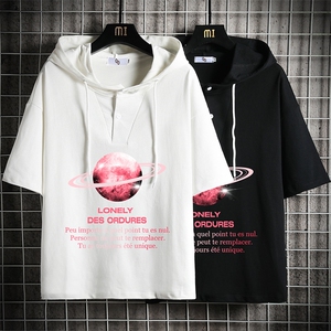 LD54184-P45 连帽短袖t恤男大码胖子带帽五分袖中袖 网格挂拍图片