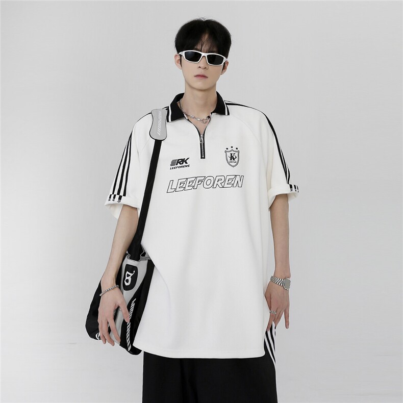 翻领学院风条杠半袖POLO衫夏季少年感重磅质感T恤上衣T906-P38，男装T恤，电商C307