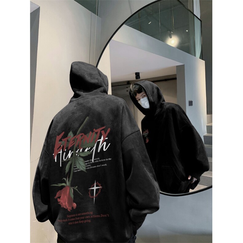 抖音品质秋季新款美式玫瑰印花麂皮绒连帽卫衣wljp5003-特p45控79,男装卫衣,星座605(原A050)