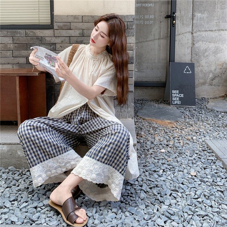 日系文艺刺绣衬衫裙套装女2025夏新款高级感宽松格子阔腿裤两件套,女装套装/套裙,浙宝217