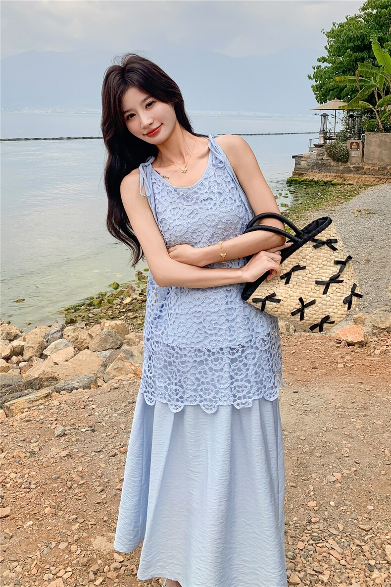 镂空蕾丝无袖吊带连衣裙女夏2025新款高级感法式超火千金风长裙,女装套装/套裙,2C133
