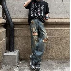 DK62-P55美式破洞牛仔裤男夏季薄款宽松拖地长裤子男-网图现货，男装牛仔裤，星座603-2