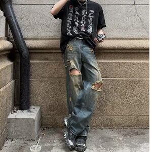 DK62-P55美式破洞牛仔裤男夏季薄款宽松拖地长裤子男-网图现货图片