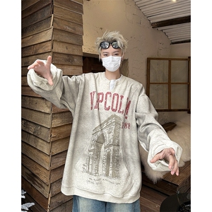 GC9933-P45潮美式卫衣宽松个性圆领长袖复古印花外套假两件上衣图片