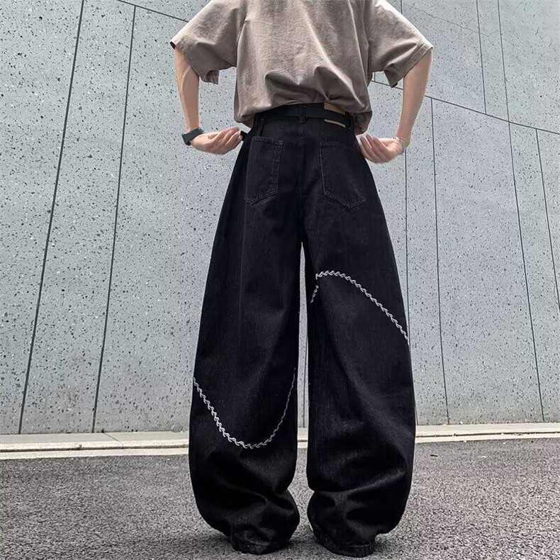 美式复古刺绣牛仔裤男女2025夏中性风设计感阔腿拖地裤RK2819-P59,男装牛仔裤,星座412-3