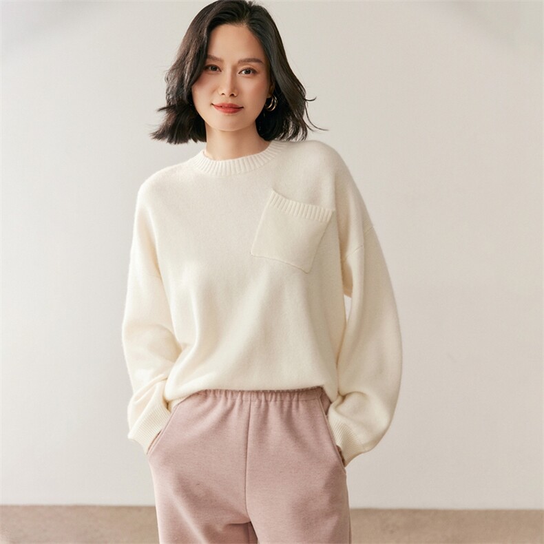 2025年秋季圆领带兜纯色针织衫套头上衣女，女装针织衫/毛衣，鸥蕊娅羊绒