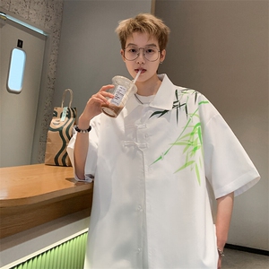 2026夏装潮男新中式印花盘扣短袖五分袖衬衫 CS780/特P35 白色图片