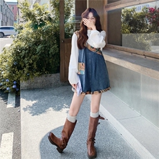 小清新牛仔提花拼拼背带裤两件套2C081-0268P165K258，女装套装/套裙，2C081
