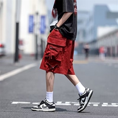 工装休闲短裤男港风潮流口袋帅百搭夏季红色2024五分裤K3773-P37，男装牛仔裤，星座412-2