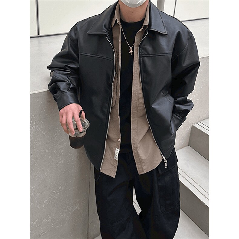 网图有货 PU皮机车外套男美式翻领休闲宽松夹克上衣男 A914-P70图片