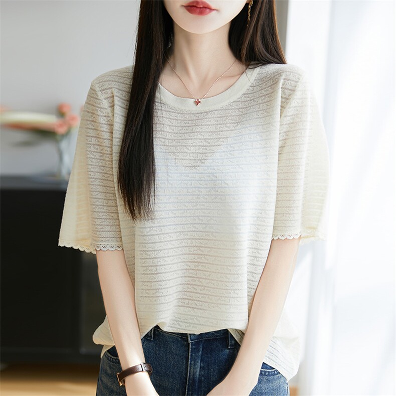 夏季新品2025韩版天丝半袖女圆领镂空大码短袖T恤女气质图片