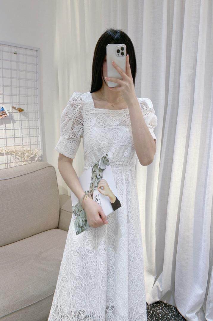 DINOBIENS【现货】夏季新款定制方领蕾丝连衣裙，女装连衣裙，迪诺比亚