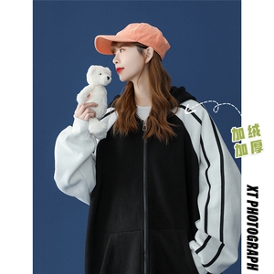 中性 秋季潮流拼接撞色宽松连帽开衫卫衣 B100JR  P45控68加绒P55图片