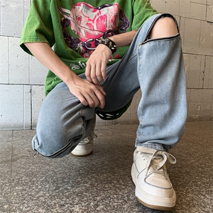 美式高街破洞牛仔裤男款复古潮牌直筒水洗做旧宽松长裤N01337-P40