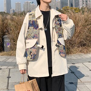 高街复古拼接小熊夹克衫假两件M-4XL宽松春季工装男日系W2531-P60,男装夹克,星座512-2