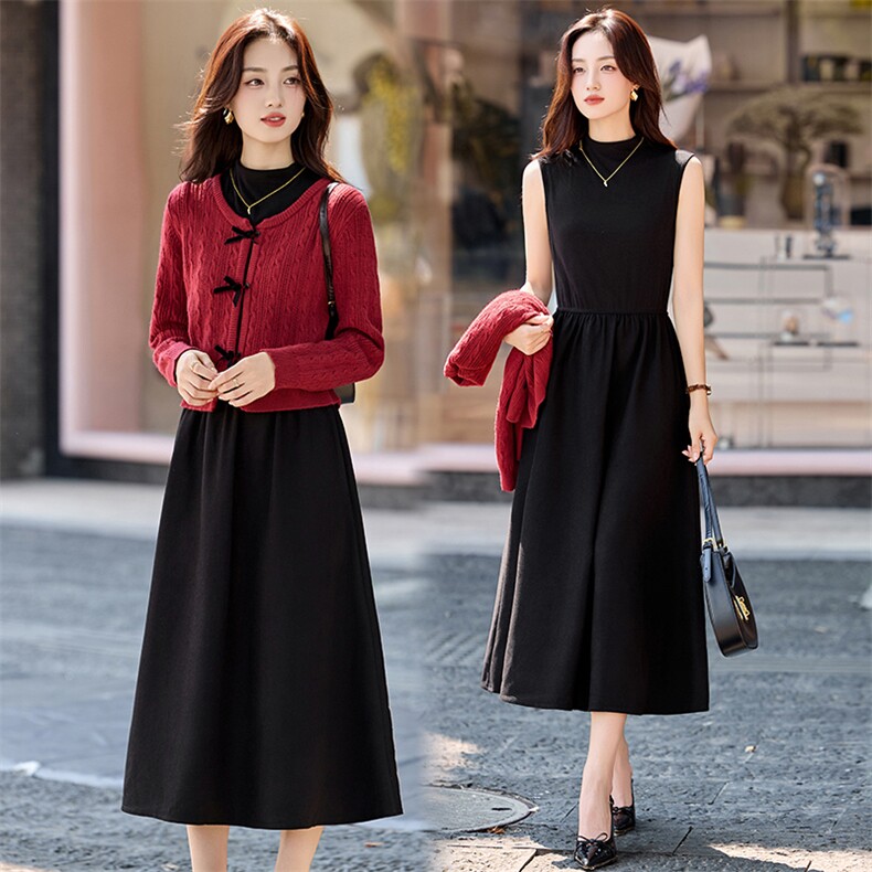 秋冬气质范两件套女2025新款针织线衫外套淑女范连衣裙套装裙，女装套装/套裙，香水丽阁