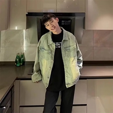 309-P60美式复古做旧牛仔衬衫男外套长袖拉链百搭水洗休闲开衫，男装衬衫，电商B323A