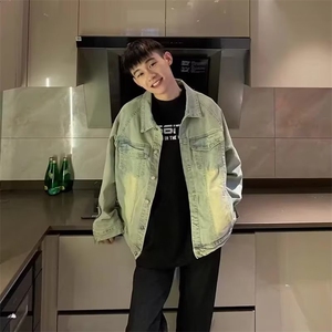 309-P60 美式复古做旧牛仔衬衫男外套长袖拉链百搭水洗休闲开衫图片