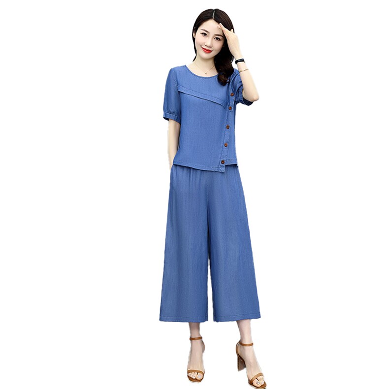 小个子天丝阔腿裤套装女2025年夏季新款气质显瘦休闲牛仔两件套潮,女装套装/套裙,魅影