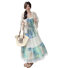 【夏日】度假风吊带碎花长款连衣裙+防晒开衫A236-P185-k275，女装套装/套裙，2D148