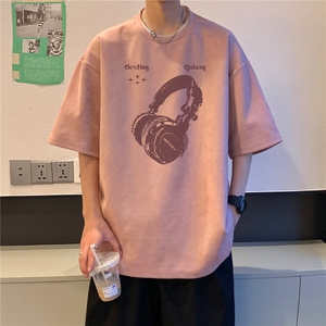 港风2025夏装麂皮绒情侣半袖上衣潮流男装夏季宽松短袖T恤S396P28图片