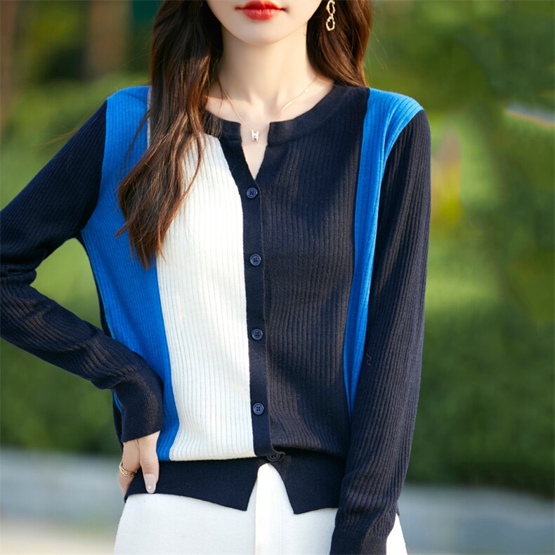 2025秋冬新款针织开衫外套女欧货时尚打底衫拼色减龄洋气竖条毛衣，女装针织衫/毛衣，暖烁羊绒