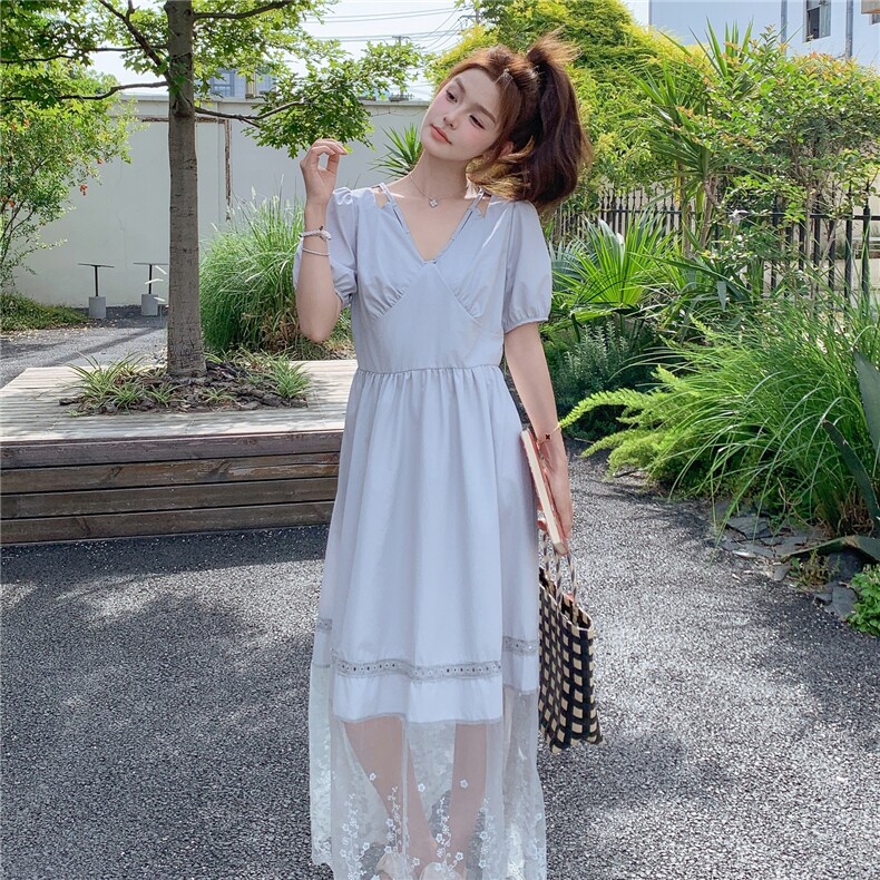 网纱拼接浅蓝色泡泡袖连衣裙你女夏2025新款超火绝美显瘦爆款长裙,女装连衣裙,2D045