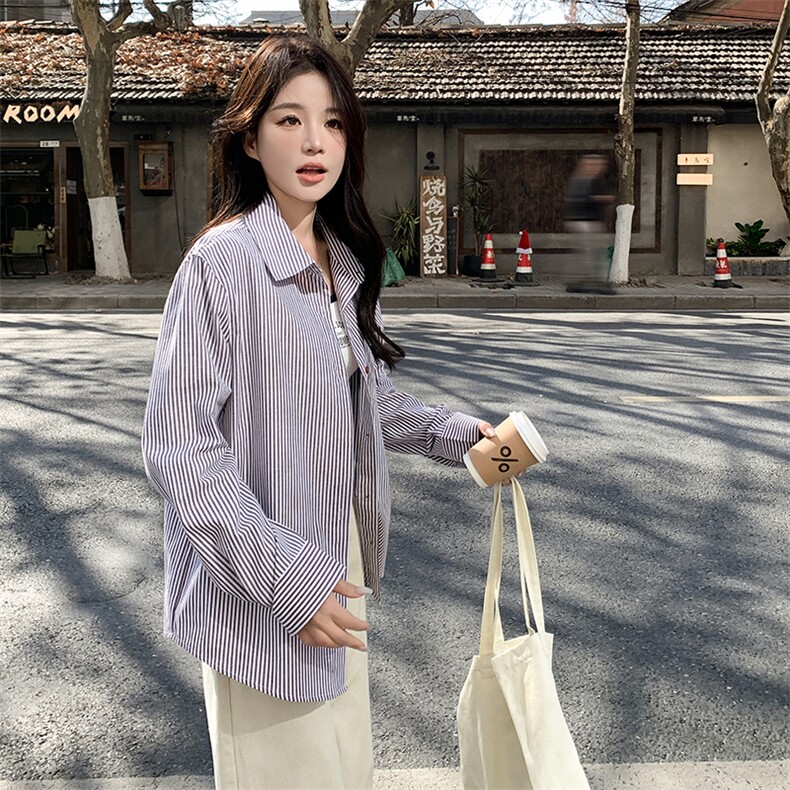 蓝色韩系气质通勤条纹衬衫女2025年秋季新款高级感休闲时尚衬衣潮,女装衬衫,鑫慧