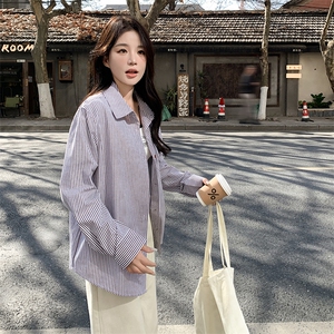 蓝色韩系气质通勤条纹衬衫女2025年秋季新款高级感休闲时尚衬衣潮图片