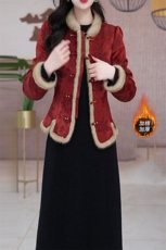 夹棉加厚两件套连衣裙女新款高级感妈妈洋气套装裙子，女装棉衣/棉服，韩蔻秀