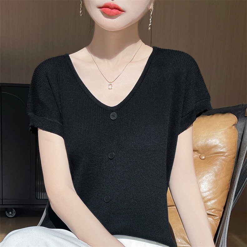 2025春新款纯色针织衫短袖t恤女宽松休闲V领打底内搭精纺上衣,女装T恤,皓宇羊绒