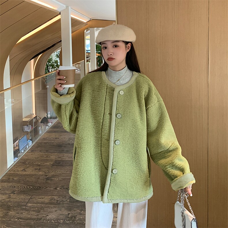 新款现货撞色羊羔毛外套,女装羊羔毛/颗粒绒,菡迪欧娜
