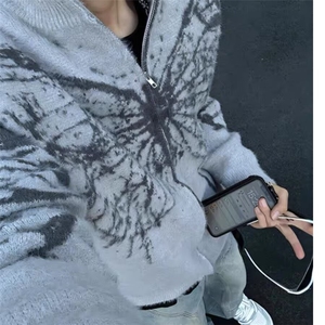 美式复古蝴蝶拉链毛衣外套春秋季水貂绒慵懒风宽松针织开衫上衣