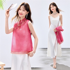 夏季新款现货！2026新中式立领优雅复古刺绣马甲+吊带连衣裙女，女装套装/套裙，央宝儿