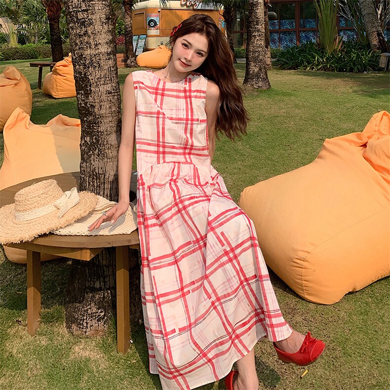 甜美红色格子无袖背心连衣裙女夏2025新款独特绝美爆款高级感长裙,女装连衣裙,浙宝305