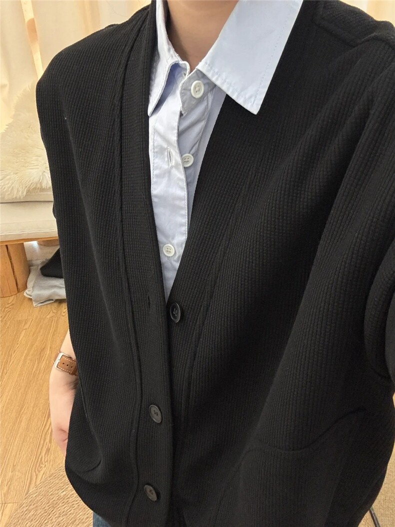 黑色华夫格v领开衫外套男秋春慵懒风松弛感无帽卫衣美式复古夹克,男装针织衫/毛衣,星座1302