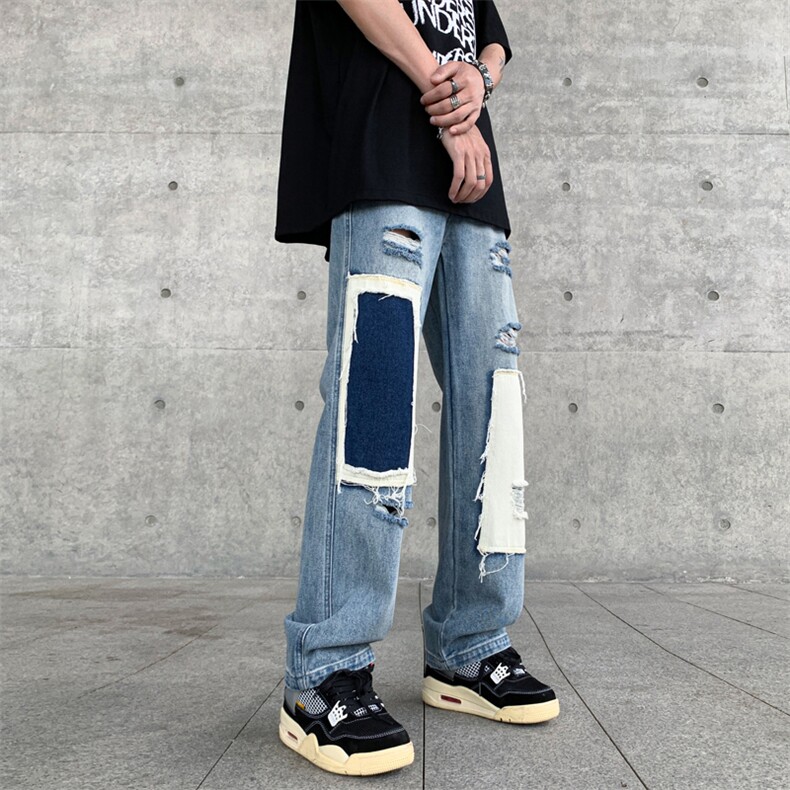 B221美式ins高街小众个性乞丐裤直筒破洞牛仔裤LK23099-P65控88,男装牛仔裤,电商B221