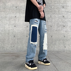 B221美式ins高街小众个性乞丐裤直筒破洞牛仔裤LK23099-P65控88，男装牛仔裤，电商B221