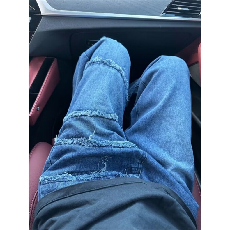 拉链长裤直脚秋季新款水洗宽松毛边拼接小众牛仔裤常规NK7034,男装牛仔裤,星座1116A-1（原606A）