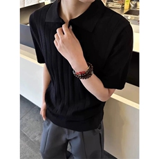 网图有货老钱风条纹针织短袖T恤男女编织坑条V领POLO衫A465-P40，男装T恤，星座1505