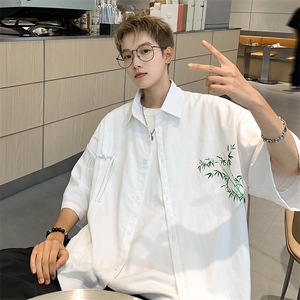 中式复古竹子印花竹节棉垂感短袖袖衬衫CS2411特p42控78抖音控89图片