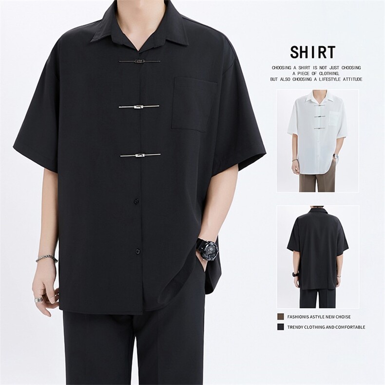 新中式金属装饰短袖衬衫男夏季高级感潮流复古小众设计感衬衣T恤，男装T恤，星座506A