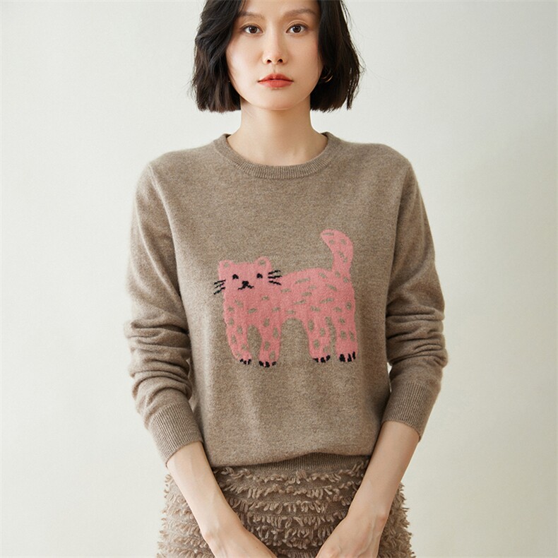 时尚可爱猫咪图案女士羊绒衫舒适保暖圆领设计,女装羊绒衫,迎冬羊绒