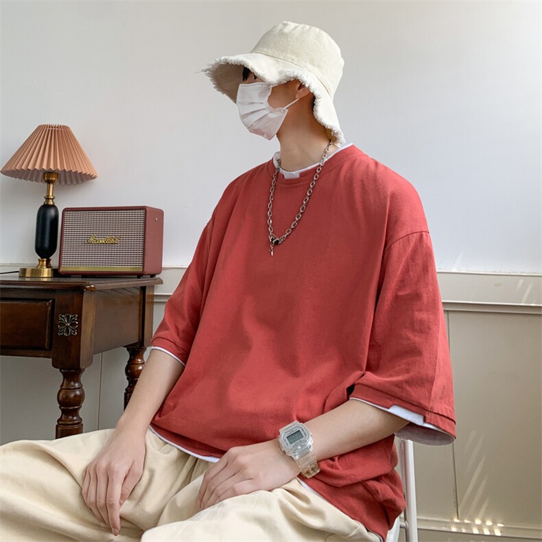假两件短袖t恤男夏季潮牌ins港风日系潮流宽松百搭半袖体恤衫,男装T恤,星座1013