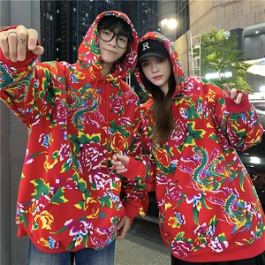 W204秋新男女团队服大花连帽卫衣外套潮民族特色花卫衣情侣装中式图片