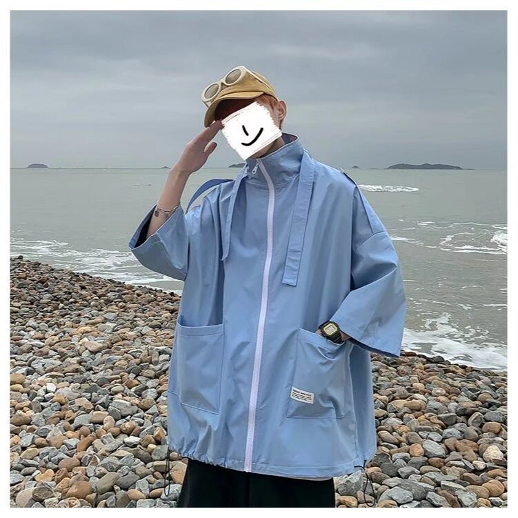 防晒薄款外套男夏季新款港风帅气青年宽松休闲高级七分袖拉链寸衫,男装防晒衣,星座1210-1