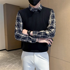 店主风小伙格子衬衫针织假二件毛衣301A-1/M87/P75，男装针织衫/毛衣，星座301A-1