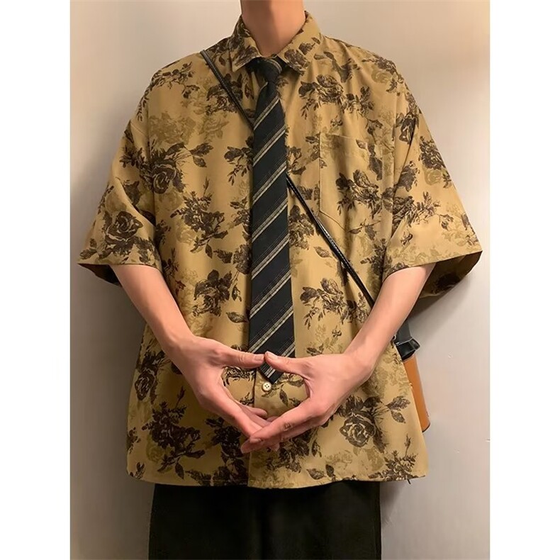 日系夏季碎花设计感男女短袖衬衫宽松ins小众中性风衬衣CS79-P32,男装衬衫,星座1008