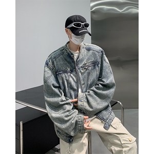 2024新款做旧水洗牛仔外套拉链设计感垫肩无领夹克现货 W8336-P74图片